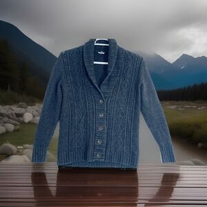 Fossil Sweater Womens Medium Dark Blue Cable Knit Button Cardigan Shawl Collar